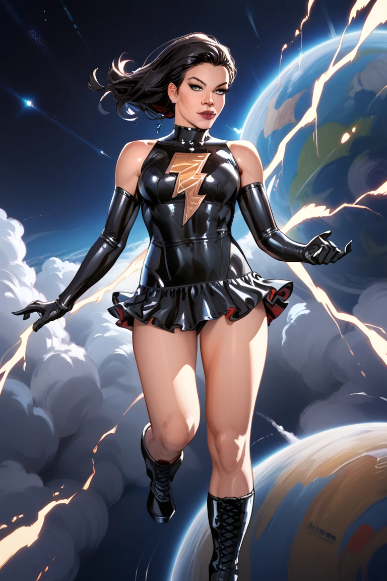 Sexy mary marvel,flying in space,tight black suit,detailled face,detailled abs,longue gloves,high boots,mini-skirt,bare shoulder,closed mouth,black hair