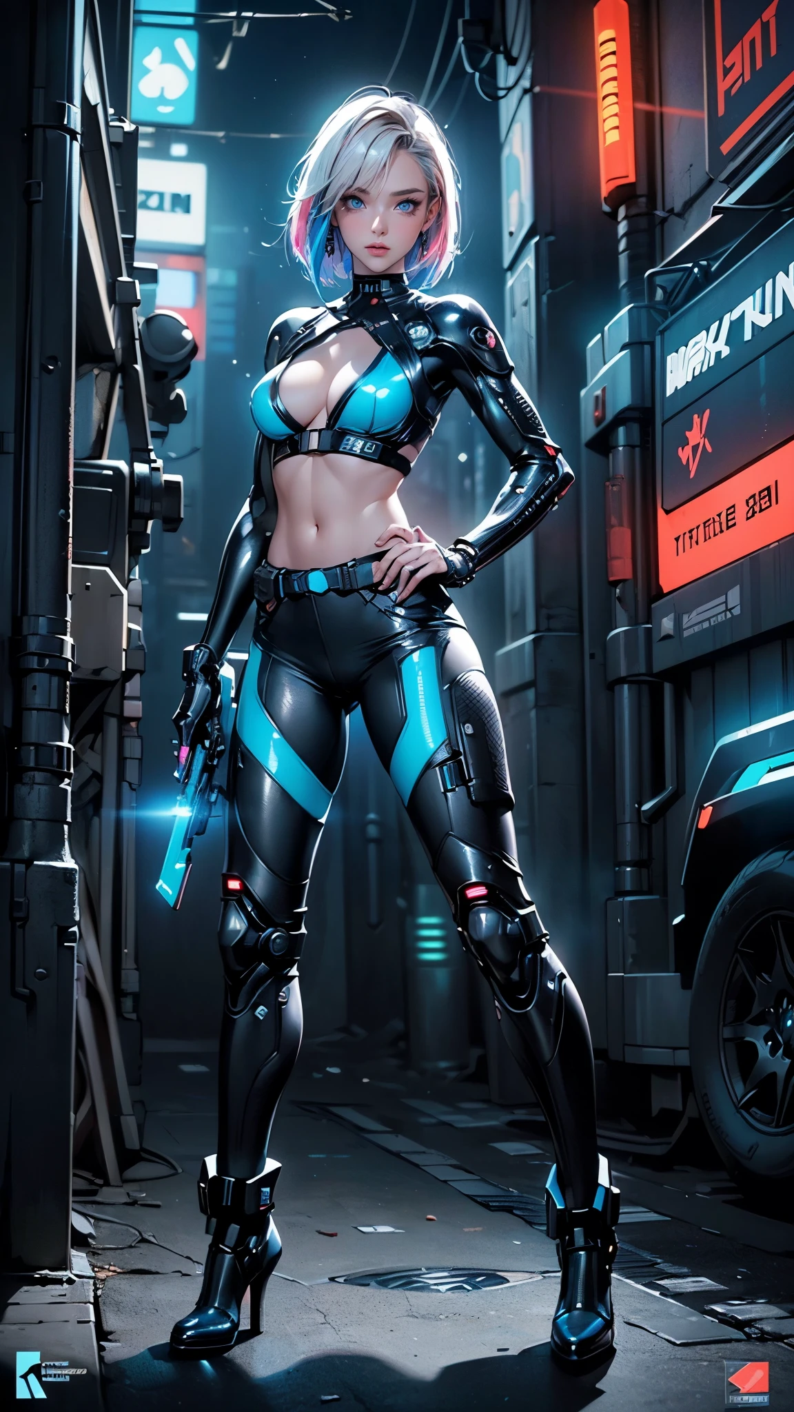 Sensual 24 years old female, futuristic soldier, futuristic mechanical style , blue eyes, beautiful blonde hair, ((highlights hair, multicolored hair)) sleek bob cut , (futuristic mechanical tactical suit,neon color glowing, futuristic mechanical upper suit with intricate futuristic design accents, mechanical soldier suit with intricate designed patterns , cleavage, underboobs:0.8, midriff peak, sexy thigh), ((sexy futuristic soldier mechanical top with diamond shale hole on chest )), BREAK I can see my belly button, ((Wear low rise short pants with intricate cool designed patterns, weapon holster, exposed, emphasize thigh)), Wear mechanical boots with cool design , ((Place your left hand on your hip, face your weapon to viewer, seductive posture, perfect anatomy), she has been captured audience attention, ), ((extremely description, near futuristic cityscape, cyberpunk , night sky, glowing neons, cyberpunk street , people:1.3)), (((absolutely detailed beautiful face, sexy face, ((extremely detailed, full body)),))),