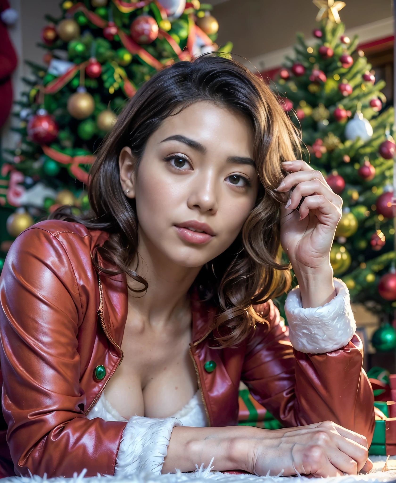 A  (((close-ip portrait))) of a beautiful korean girl wearing ((santa claus red jacket):1.4), ((santa claus likeness):1.4), ((extreme detailed sort hair, brunette, curly messy hair):1.3), ((beautiful detailed eyes, opened eyes): 1.5), beautiful detailed lips, extremely detailed face, round face feature,  innocent expression, ((look at me):1.4), sexy looks, ((slim body, slender body posture):1.3), ((sagging  breast):1.3), (()), atractive pose, ((lying back with bend legs in the room with christmas tree):1.3), cold ambient, intricate details, cinematic composition, nude color, highly detailed, smooth photorealistic, digital art, natural lighting, ethereal, big building background, seen from below, wide angle, photon mapping, 