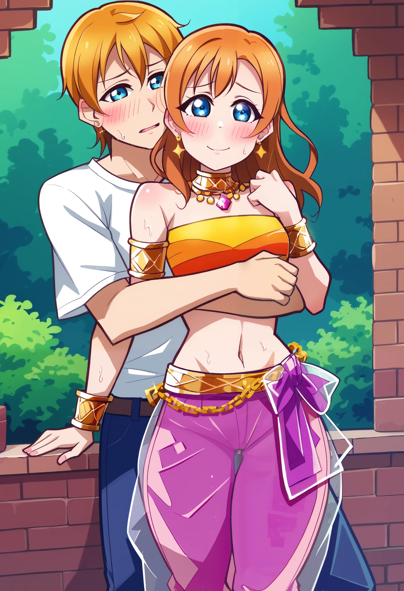 (Masterpiece, Best Quality, High Quality), anime style, , love live,kousaka honoka , kousaka honoka,id_honoka_kosaka,love live, blue eyes, orange hair, lavender silk bandeau top with golden accents and dangling ornaments, transparent flowing skirt adorned with golden chains and a large blue sapphire centerpiece at the waist,Golden armlets encrusted with tiny jewels,8k wallpaper, looking at viewer, earrings, outdoors, erotic figure, (blushing) , sweating,dbp, transparent harem pants, cowboy shot,hug from behind,1boy