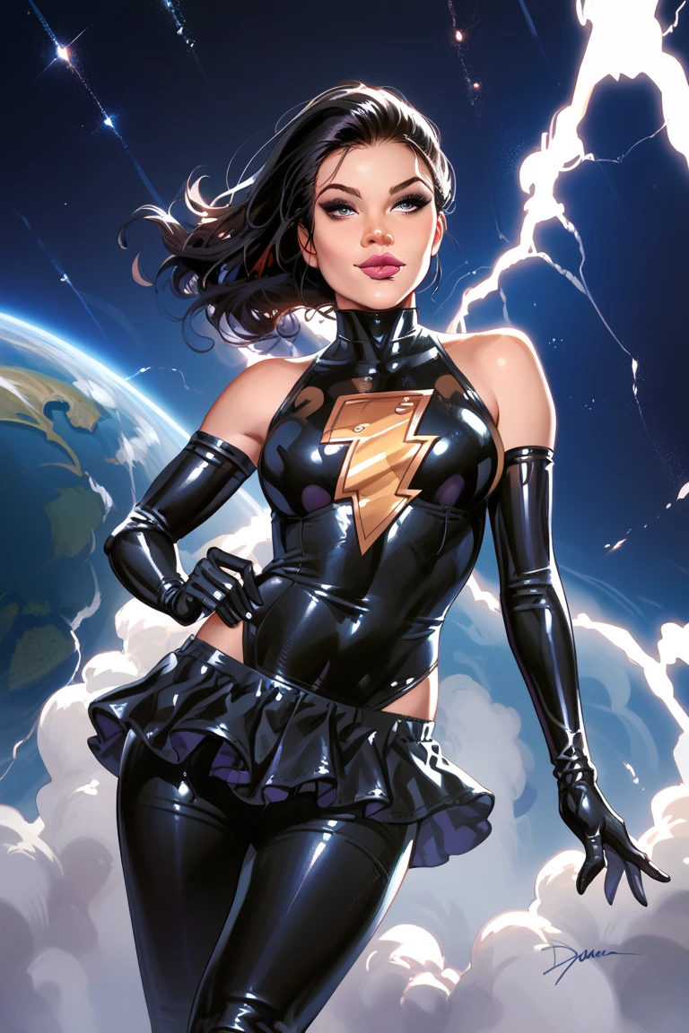 Sexy mary marvel,flying in space,tight black suit,detailled face,detailled abs,longue gloves,high boots,mini-skirt,bare shoulder,closed mouth,black hair,visible pants