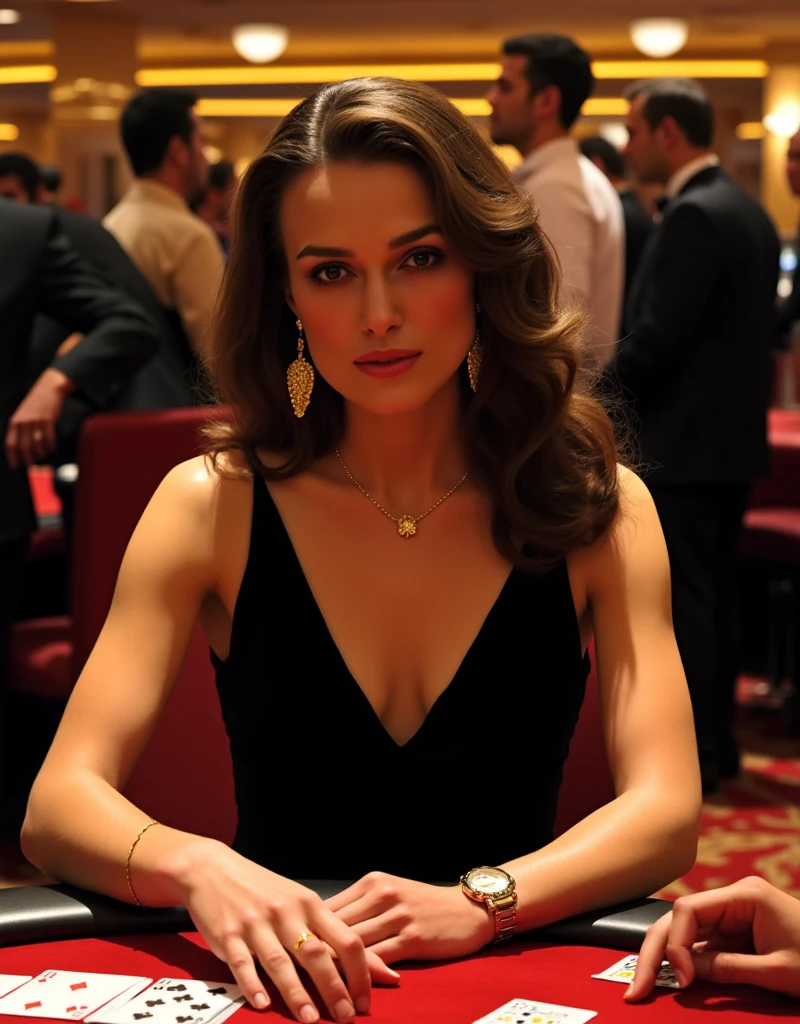 From above view, gaze trump card, 1 girl, mature female, Keira Knightley of Gambler, 30-age, middle hair,  brown hair, gold earring and neck-less, lady watch , black evening dress,play gamble, trump Poker game , in casino, many guest looking her (masterpiece, Highest quality, masterpiece, God-like quality, Godly art, Very realistic)