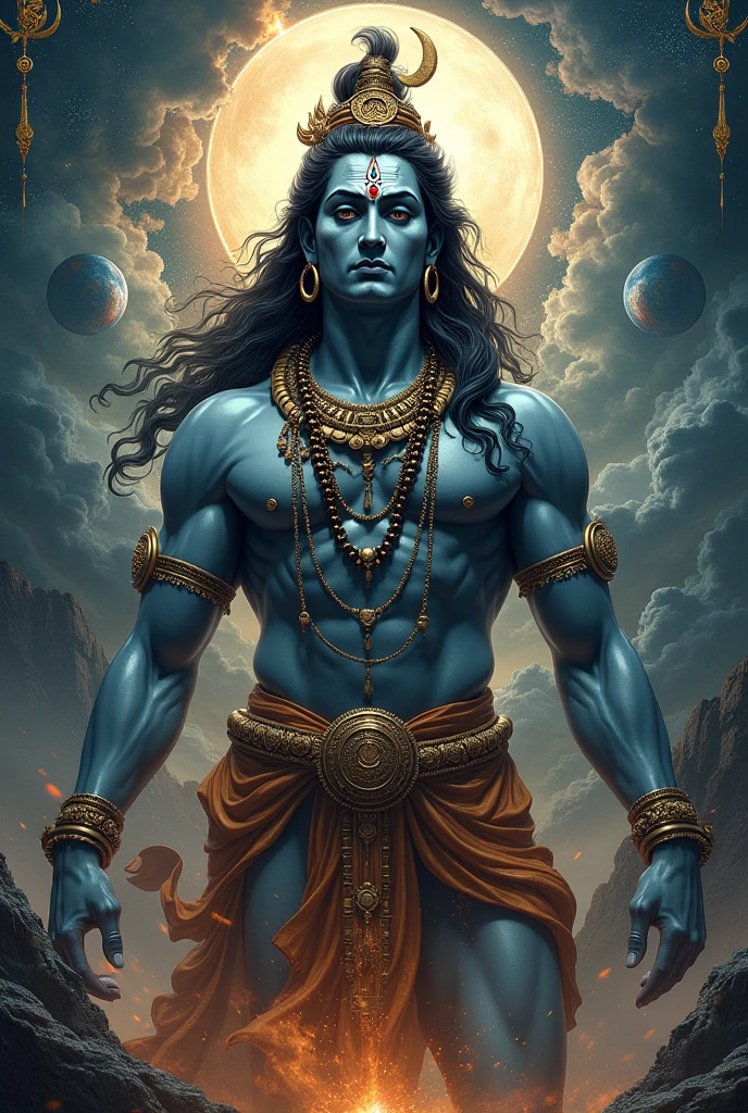 "Create a highly detailed and reverent image of Lord Shiva in a majestic and serene pose. Lord Shiva should be depicted with traditional attributes such as his trident (trishul), a serpent around his neck, and a crescent moon on his head. His expression should be calm and divine, with intricate details in his attire and surroundings. In front of Lord Shiva, place a person with folded hands (anjali mudra) in a respectful gesture. The person should be depicted with a humble and devout posture, facing Lord Shiva. Ensure the background complements the divine presence, with subtle, respectful elements that enhance the sacred atmosphere."