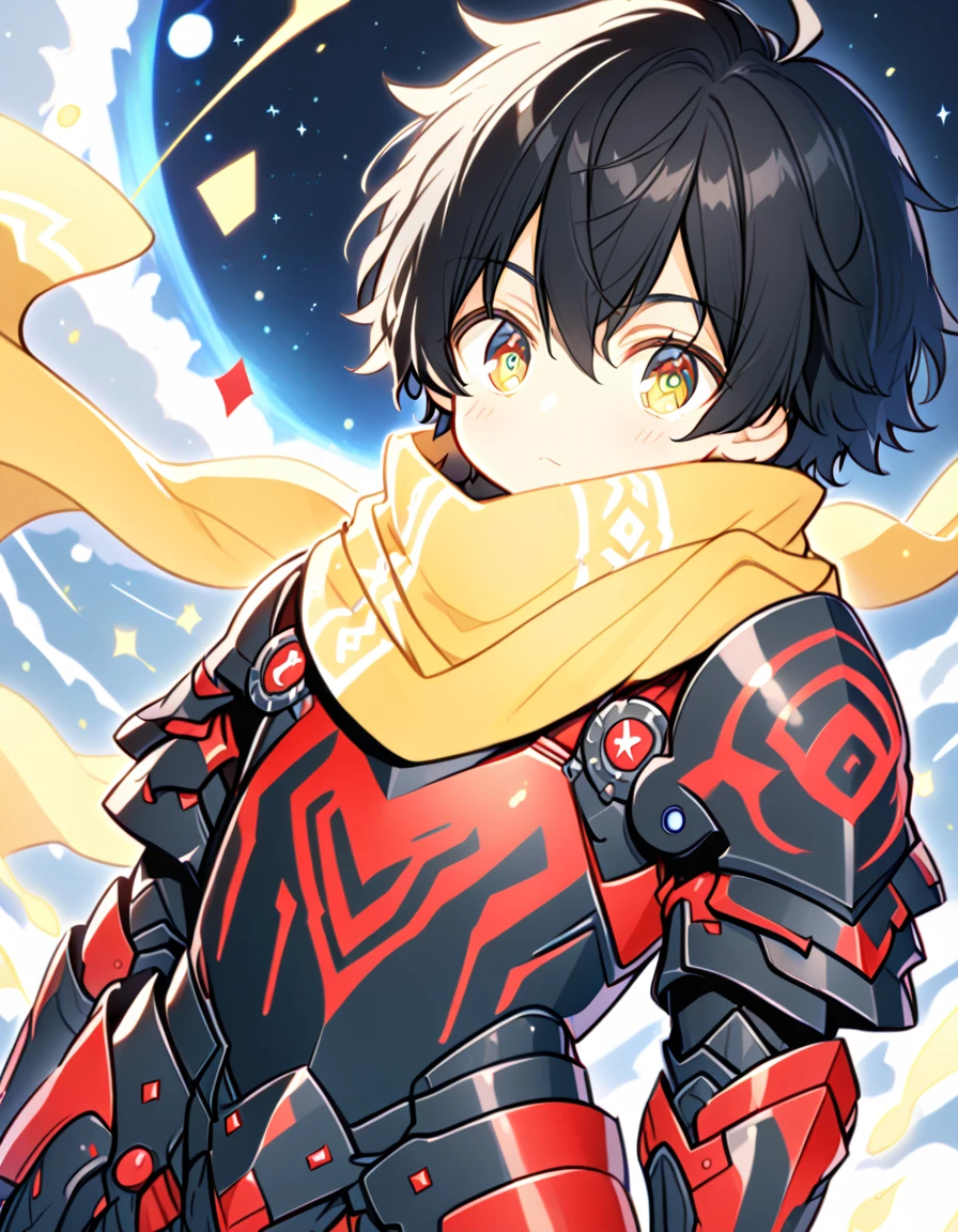 Detailed 8k cute theme , Boy in the scarf , long disheveled black hair and yellow eyes wearing shiny black and red runic armor with outer space in the background