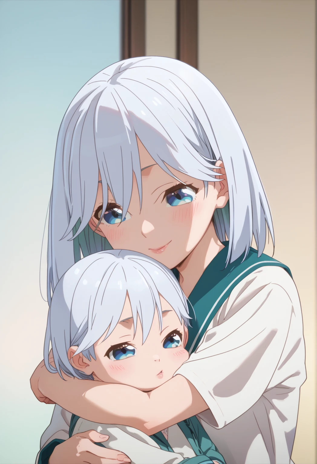 score_9, score_8_up, score_7_up, source_anime,asahi amagami, blue-white hair, blue eyes, 1girl, takeda hiromitsu style, small breasts,,                               mother and baby, small girl,hugging up, 