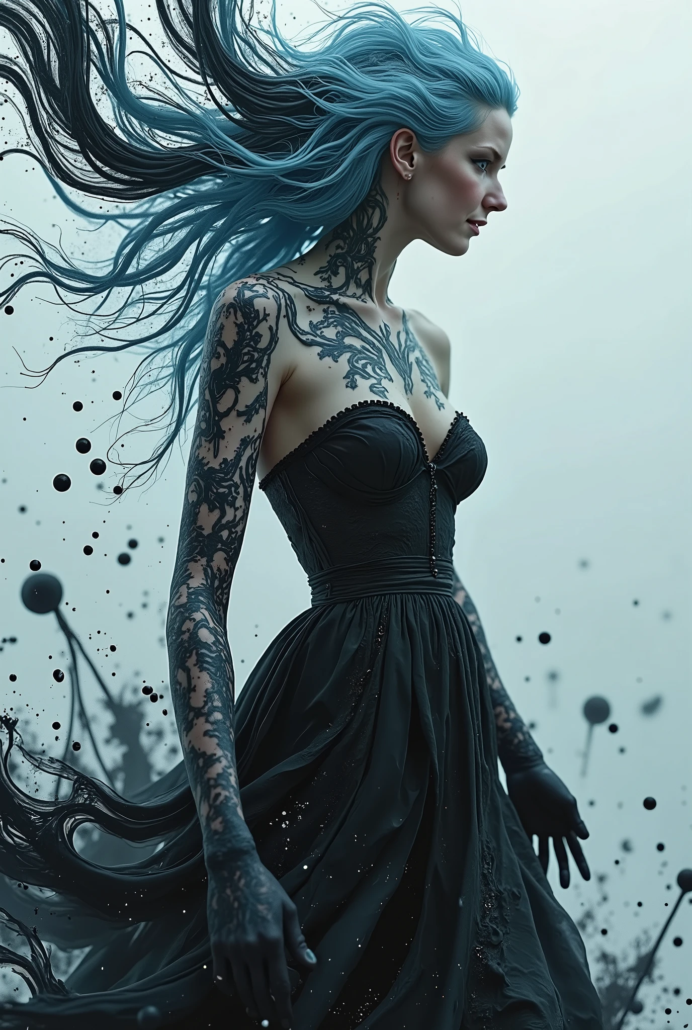(( masterpiece, highest quality , highest image quality, high resolution, RAW Foto, 8k)), ((Extrem detaillierte CG einheitliche 8k Tapete)), White Caucasian girl with light blue hair , seductive smile, Outfit: An insightful, Does her chest show , Outfit: A translucent, She opens her top, Spread legs , Naked, Breasts, Her body appears as if painted with deep black ink , with swirling patterns , that is constantly changing and dragging across her skin . Their shape is humanoid , but parts of her body dissolve in ink bags , that flow around her . Her hair is long and flowing , made of black ink strands , that float and rotate in the air . She is wearing nothing but Tattoos made from the ink itself , They move , to cover and reveal parts of her body at will. She moves slowly, , and leaves traces of liquid ink in her wake ., detailed , Hyperrealism, textured skin , detailed s, award-winning, highres icon, 16k, 8k, best quality , high quality , Super Detail