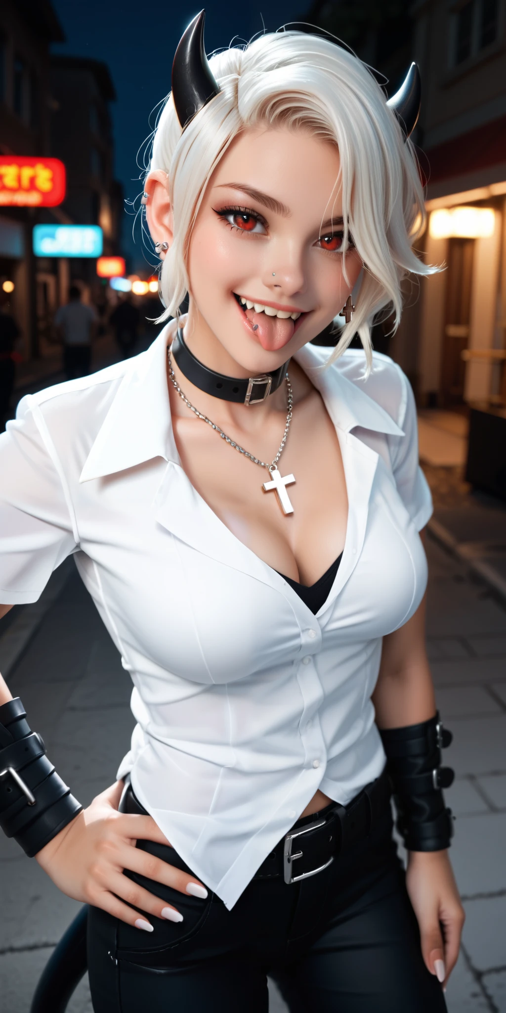 zdrada, street at night, 1girl, horns, necklace, jewelry, tail, red eyes, piercing, tongue, demon tail, hair over one eye, teeth, solo, shirt, sharp teeth, cross, white hair, pants, breasts, tongue out, belt, short hair, black pants, red shirt, demon horns, white background, demon girl, cross necklace, choker, black horns, looking at viewer, black belt, ear piercing, simple background, cleavage, tongue piercing, nose piercing, hand on own hip, open mouth, heart, earrings, smile, black choker, medium breasts, cowboy shot, collared shirt, A detailed 3D render of a street at night, featuring a demon girl with horns, a necklace, and jewelry. The girl's hair is over one eye, with a piercing on her tongue. She wears a black shirt and a collared shirt. The demon's tail is pierced, and she has a red eye. Her eyes are closed, and her mouth is open. She is wearing a white shirt with black stripes. Her hair is a cross necklace, with black and white teeth. Her head is turned to the left. Her mouth is closed. Her nose is shaped like a nose. Her hands are on her hips. She has an open mouth. Her ears are closed. She's looking at the viewer. A black belt is wrapped around her neck. The background is white, and it's cleavage. Her tongue is, masterpiece, best quality, very aesthetic, absurdres