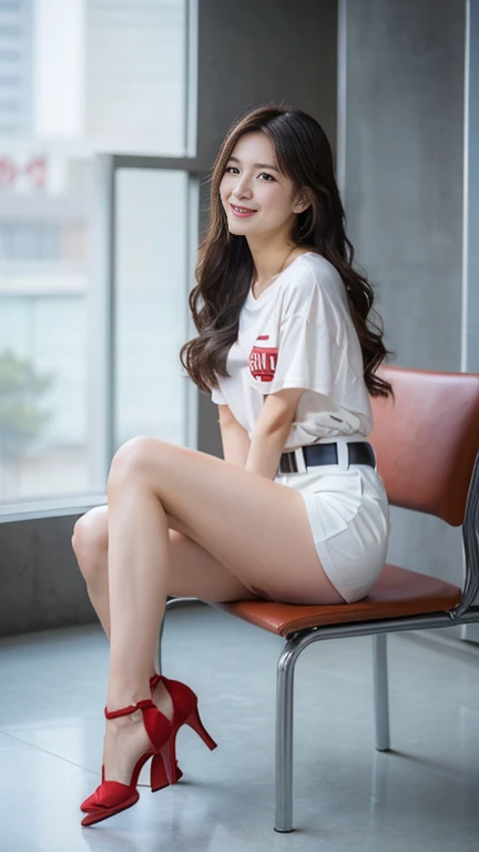 Very detailedな CG Unity 8k 壁紙, highest quality, Very detailed, masterpiece, Realistic, photo Realistic, Very detailedなかわいい女の子, Age 25, ((From the whole body to the toes:1.3))、((From the whole body to the toes))、((Side Shot:1.3))、((Side Shot))、(Sitting on the bonnet of a BMW))、(sit in the engine compartment of a car)、(Natural pose),(Model pose)、(Big Breasts)、(Big Ass)、(smile at the camera)、( smile ),(Full Body Shot:1.3) ,(Side view:1.3)、(Side Shot:1.3)、(ponytail)、(photoRealistic:1.3)、((Wear a sponsored grid girl costume,Logo is printed)), ((Dolphin Shorts)) , (Participate in a motorsport race),