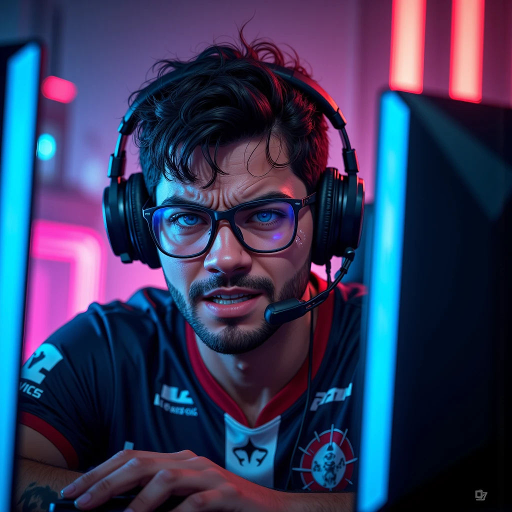 ((Masterpiece)), (best quality), (ultra-detailed), (ultra high-res), (realistic), (emotional), A **gritty esports scene** featuring **Glauber "PivA" Azarias**, also known as **"badfallen"**, captured in a **candid moment of frustration** after a **missed shot**. Set in a **dimly lit gaming arena**, illuminated by glowing **RGB lights**, the focus is on his **intense expression**. His **signature glasses** reflect the **monitor's glow**, and his **headset** is tilted slightly off, symbolizing **pressure and fatigue**. He wears a **worn-out jersey** with visible **sweat stains**, emphasizing the struggle against both **opponents and himself**. The camera angle is **low**, highlighting the raw **emotion and tension**. **Cinematic lighting** with deep **shadows** and vibrant **highlights** accentuates the **peripherals**, creating a **realistic and emotional portrayal** of an esports legend in a vulnerable moment. **(esports, Fallen, frustration, gaming arena, RGB lights, cinematic lighting, emotional tension, realistic)**.  