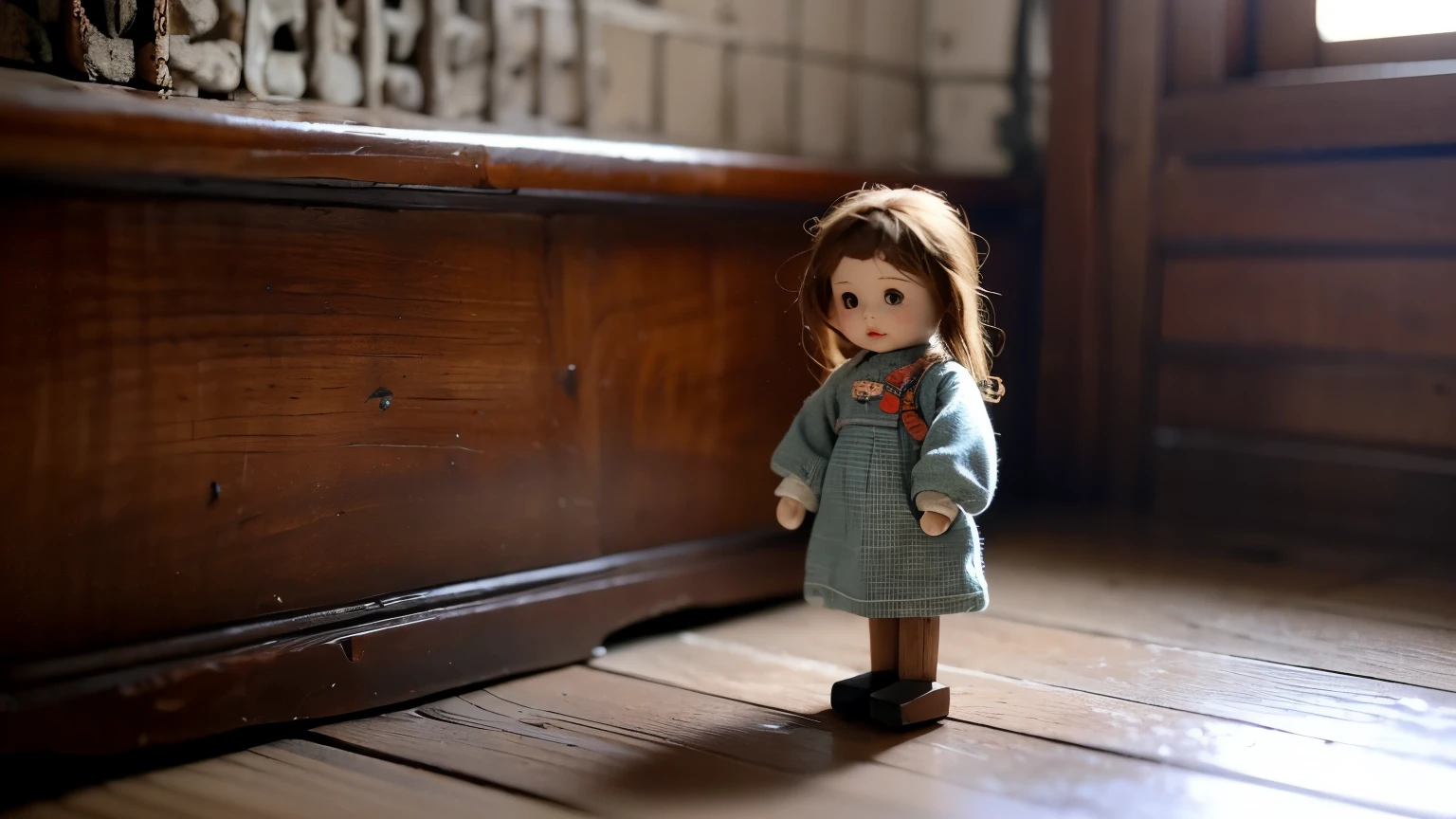 old creepy wooden doll in the corner, in shadows, in a dark derelict house. Wide shot. Photorealistic. Photography.