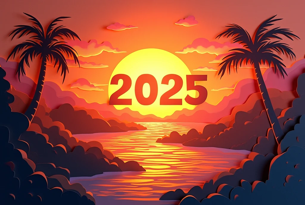 The first sunrise of the year, with the words "2025 Happiness" written on it, Paper cutting art, paper craft art, professional and perfect composition, extremely delicate depiction, extremely clear image, various effects, bold and dynamic, contrasts of light and shadow, ultra detailed, absolutely resolution, masterpiece