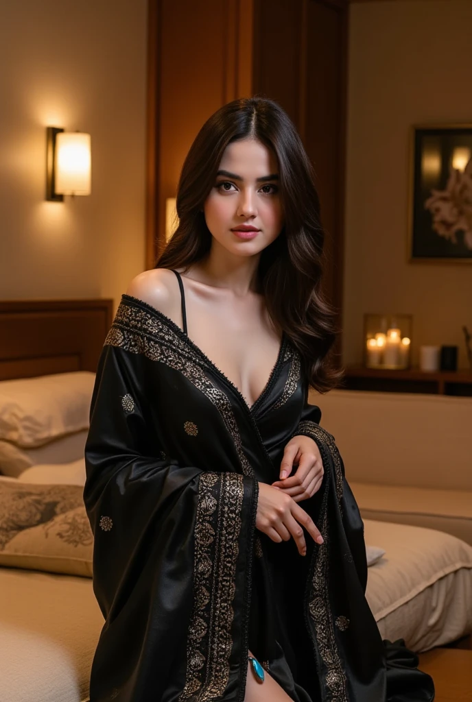 a woman wearing black silk oversize short dress with batic patern in the cozy bedroom