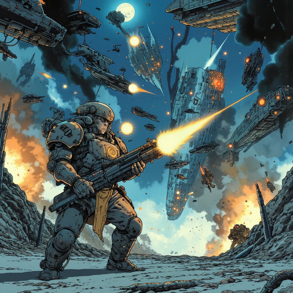 spacecraft visible in background, The background is space and the Milky Way, war, space war, explosions, spaceships firing at each other, space soldier character, scifi armor, holding large gun, bald, shooting at other soldier, human soldier,