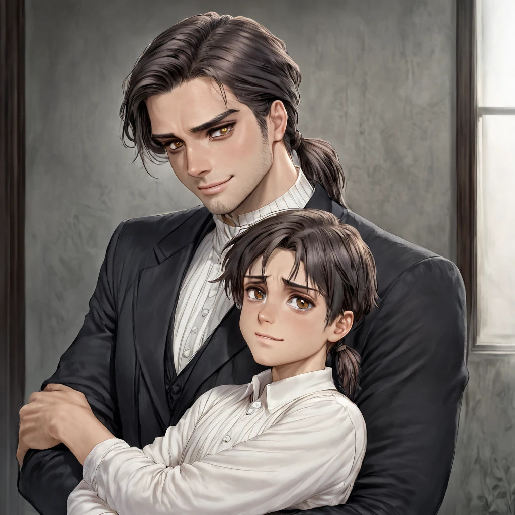 man,  beautiful ,  dark hair tied in a low ponytail,  brown eye , age 30 years, brutal, melancholy , stately, sad smile,  looks at his son ,   , short haired boy ,  modernity art , time our days 