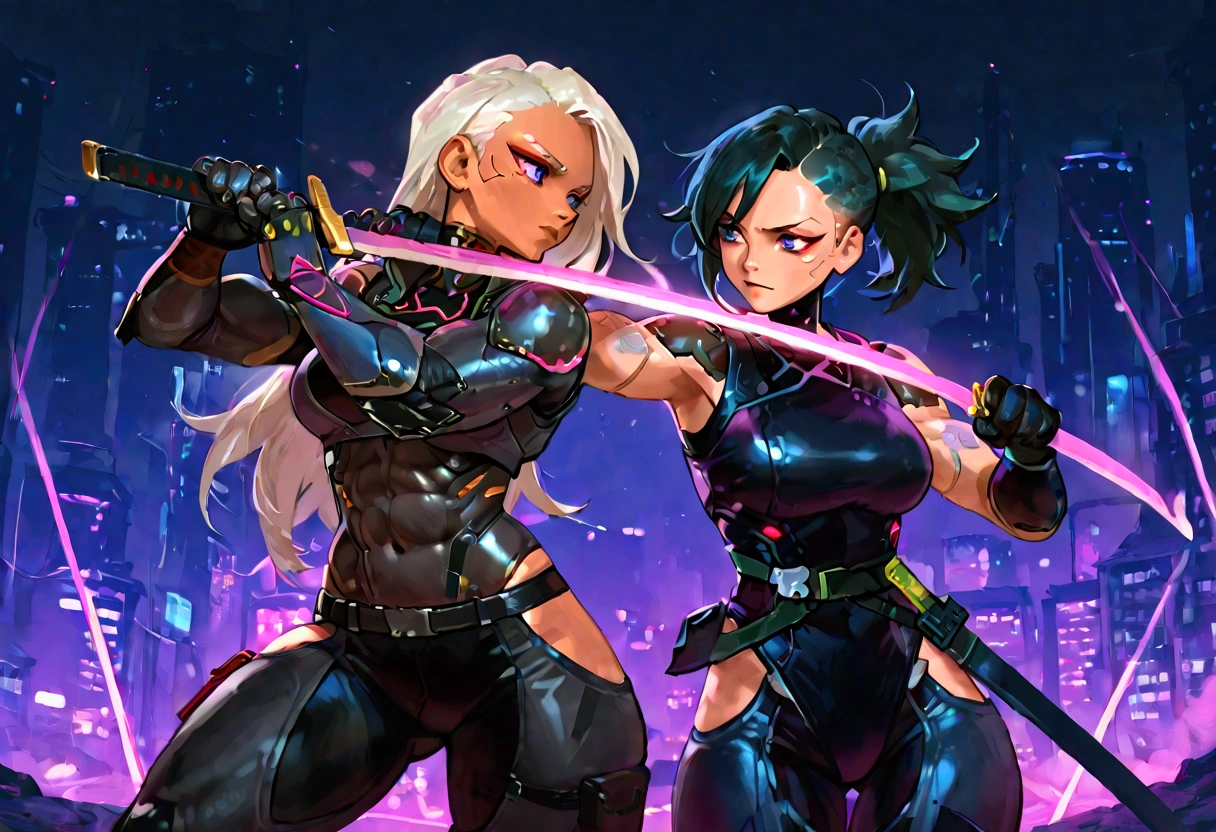 Anthropomorphic cobra, Female cyborg ninja, wearing cyberpunk ninja clothes, sexy, well-toned abs, fighting with a sword, cyberpunk, fighting