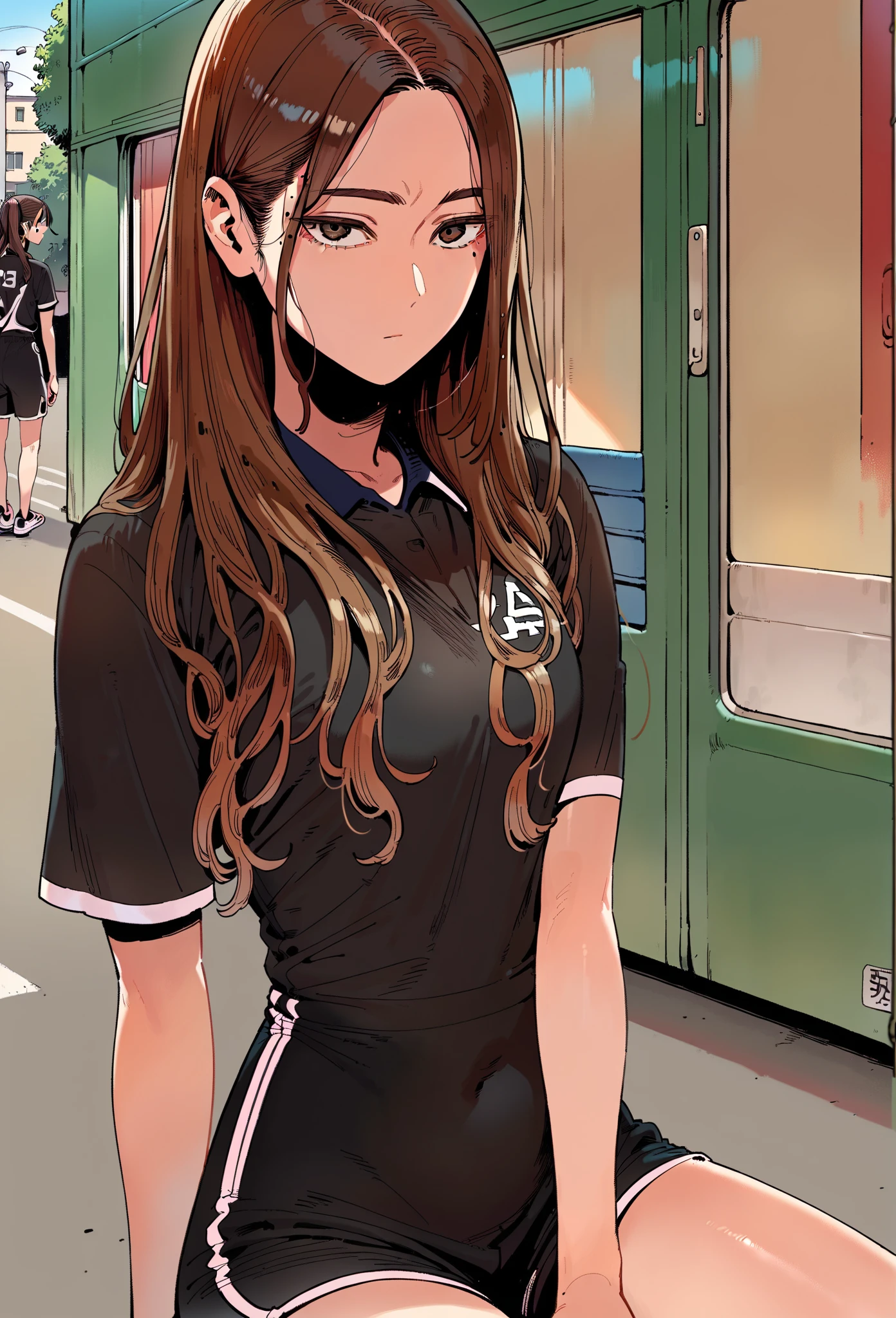 score_9, score_8_up, score_7_up, score_6_up, source_anime, 1girl, (solo:1.1),long hair, brown hair, brown eyes, mole under eye, black shirt, short sleeves, polo shirt, sportswear, black shorts, short shorts, expressionless, Narrow shoulders, street, outdoors, looking at viewer