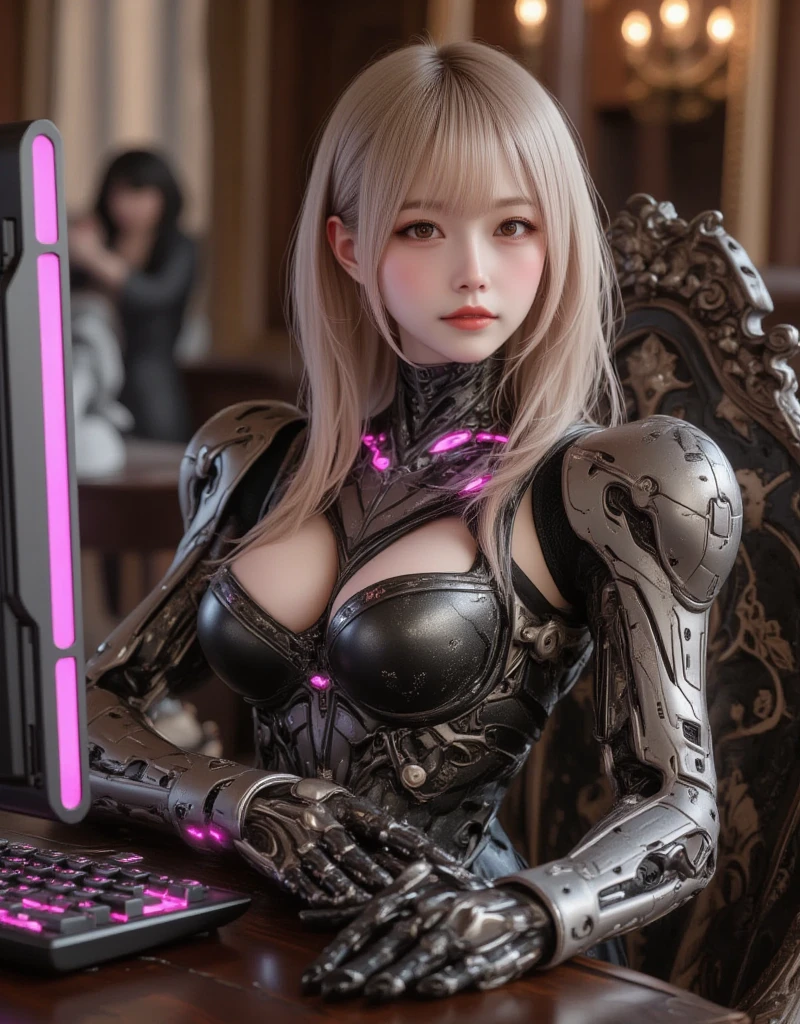 ultra-realistic, photorealistic, dramatic scene, shadow, global-illumination, solo, perfect anatomy, perfect fingers, (teenage Japanese famous idol girl but cyborg), very beautiful with very cute face, detailed face skin texture, (modern maid but cyborg), intricated complex cyber punk mechanical neon body, (her cyborg body is fully covered with extremely detailed mechanical armored suits), absolutely complex cyborg body, neon markers are integrated in her body, (very large breasts), slim waist, She is enjoying an online game using a desktop computer by herself at the desk in her room in old European castle, gorgeous antique gaming chair, neon marker integrated full-tower gaming computer, neon keyboard, antique furnishing, 