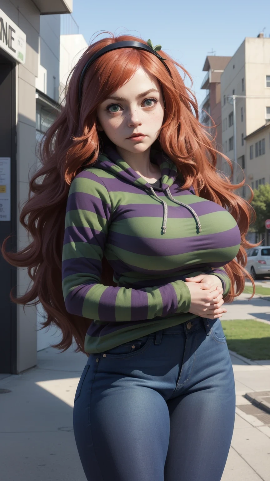 (gigantic breasts:1.5), 
(vivian james face:1.5), 
(jeans, striped, hoodie:1.2),
(in a city:1.1), 
(face confident:0.9), 
(full body:1.0),
(best quality, detailed:1.0)