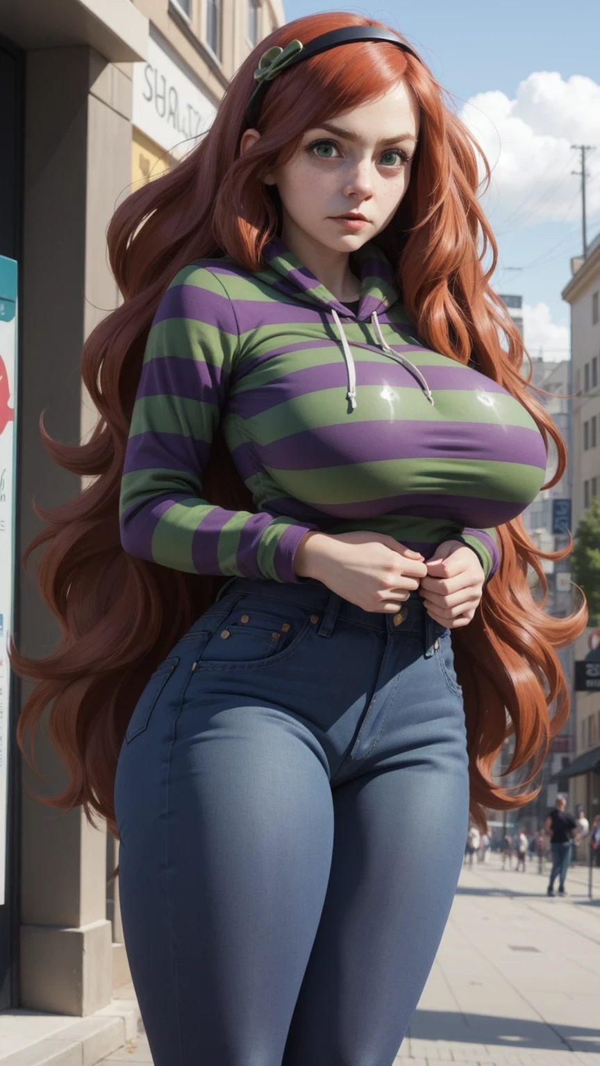 (gigantic breasts:1.5), 
(vivian james face:1.5), 
(jeans, striped, hoodie:1.2),
(in a city:1.1), 
(face confident:0.9), 
(full body:1.0),
(best quality, detailed:1.0)