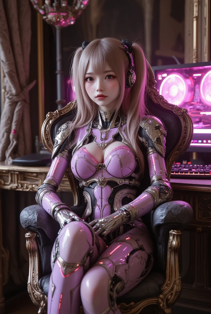 ultra-realistic, photorealistic, dramatic scene, shadow, global-illumination, solo, perfect anatomy, perfect fingers, (teenage Japanese famous idol girl but cyborg), very beautiful with very cute face, detailed face skin texture, (modern maid but cyborg), intricated complex cyber punk mechanical neon body, (her cyborg body is fully covered with extremely detailed mechanical armored suits), absolutely complex cyborg body, neon markers are integrated in her body, (very large breasts), slim waist, She is enjoying an online game using a desktop computer by herself at the desk in her room in old European castle, gorgeous antique gaming chair, neon marker integrated full-tower gaming computer, neon keyboard, antique furnishing, 