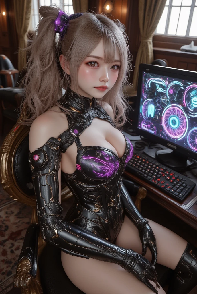 ultra-realistic, photorealistic, dramatic scene, shadow, global-illumination, solo, perfect anatomy, perfect fingers, (teenage Japanese famous idol girl but cyborg), very beautiful with very cute face, detailed face skin texture, (modern maid but cyborg), intricated complex cyber punk mechanical neon body, (her cyborg body is fully covered with extremely detailed mechanical armored suits), absolutely complex cyborg body, neon markers are integrated in her body, (very large breasts), slim waist, She is enjoying an online game using a desktop computer by herself at the desk in her room in old European castle, gorgeous antique gaming chair, neon marker integrated full-tower gaming computer, neon keyboard, antique furnishing, 