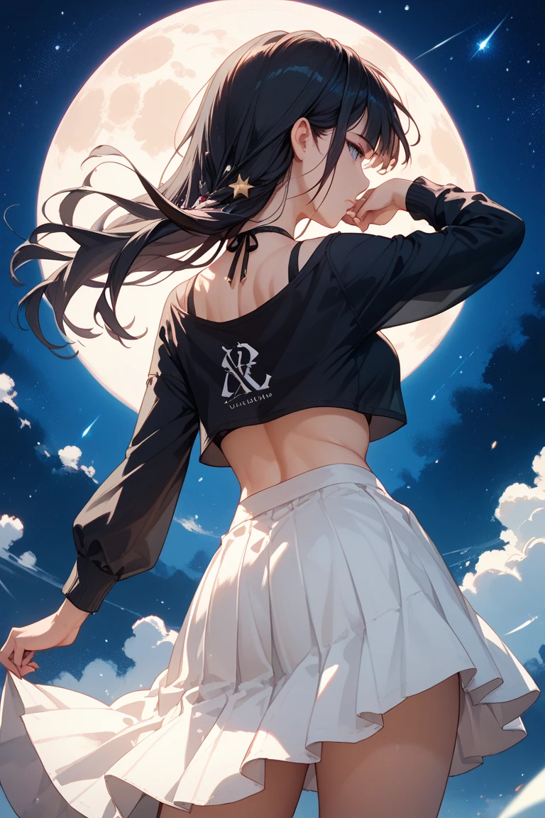 Soli girl, beautiful girl, black miniskirt, two moons for the place of the eyes, glowing moon hair, brown hair, stockings --auto --s2