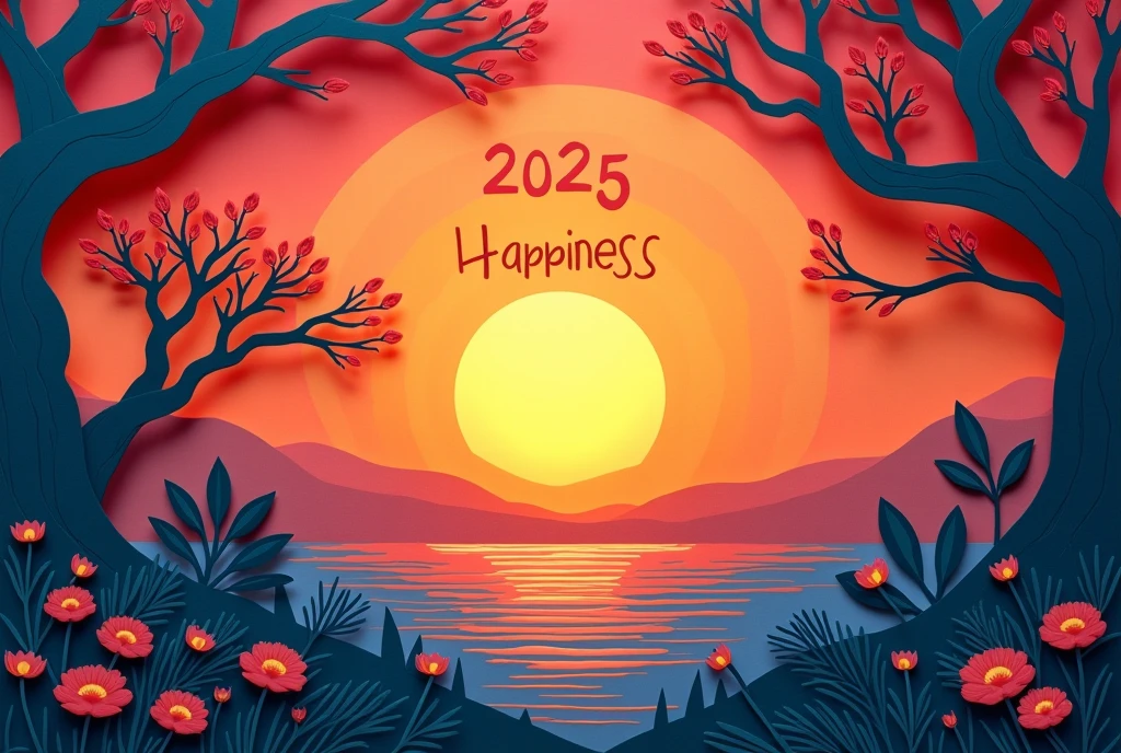 The first sunrise of the year, with the words "2025 Happiness" written on it, Paper cutting art, paper craft art, professional and perfect composition, extremely delicate depiction, extremely clear image, various effects, bold and dynamic, contrasts of light and shadow, ultra detailed, absolutely resolution, masterpiece