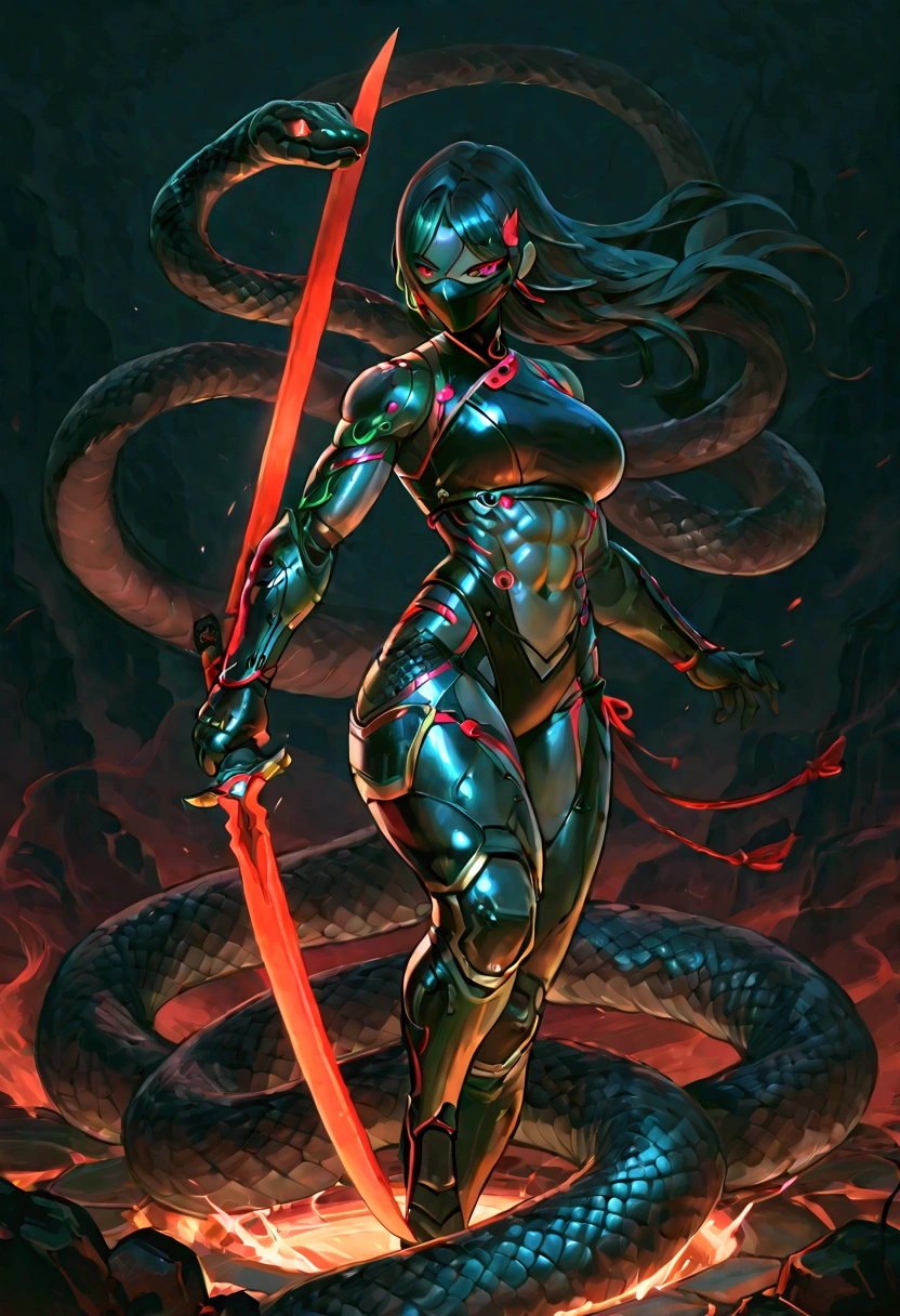 Anthropomorphic snake, Female cyborg ninja, wearing ninja clothes, sexy, well-toned abs, fighting with a sword, fighting