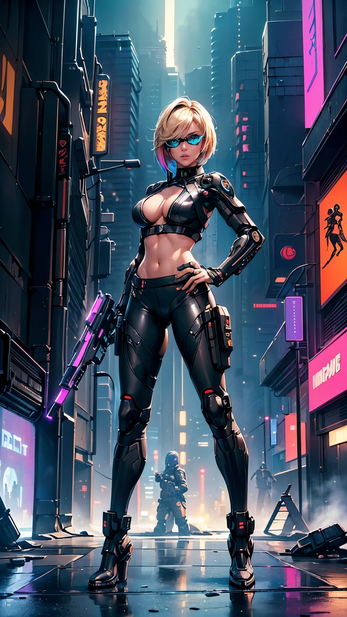 Photo-realistic, Arafed tall woman in a bikini posing on a black base, long blonde hair, long black boots, bikini with space suit element design, full pose, sexy pose, gorgeous style, full body close-up shot, on the right thigh gun holster, holding gun in right hand, inside a spaceship, a woman in a bikini sitting on a surface with a gun, front view, inspired by Masamune Shirow, knights of zodiac girl, pinup. lord of daggers, inspired by Clyde Caldwell, lodoss, portrait knights of zodiac girl, gorgeous, inspired by Barclay Shaw, dorian cleavenger