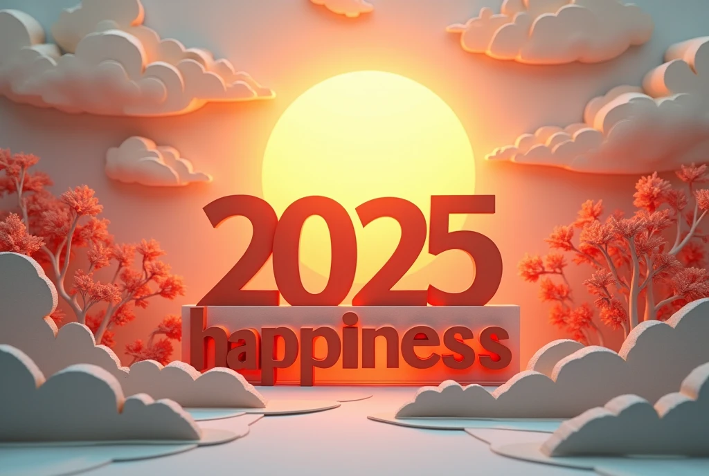 The first sunrise of the year, with the words "2025 Happiness" written on it, Paper cutting art, paper craft art, professional and perfect composition, extremely delicate depiction, extremely clear image, various effects, bold and dynamic, contrasts of light and shadow, ultra detailed, absolutely resolution, masterpiece