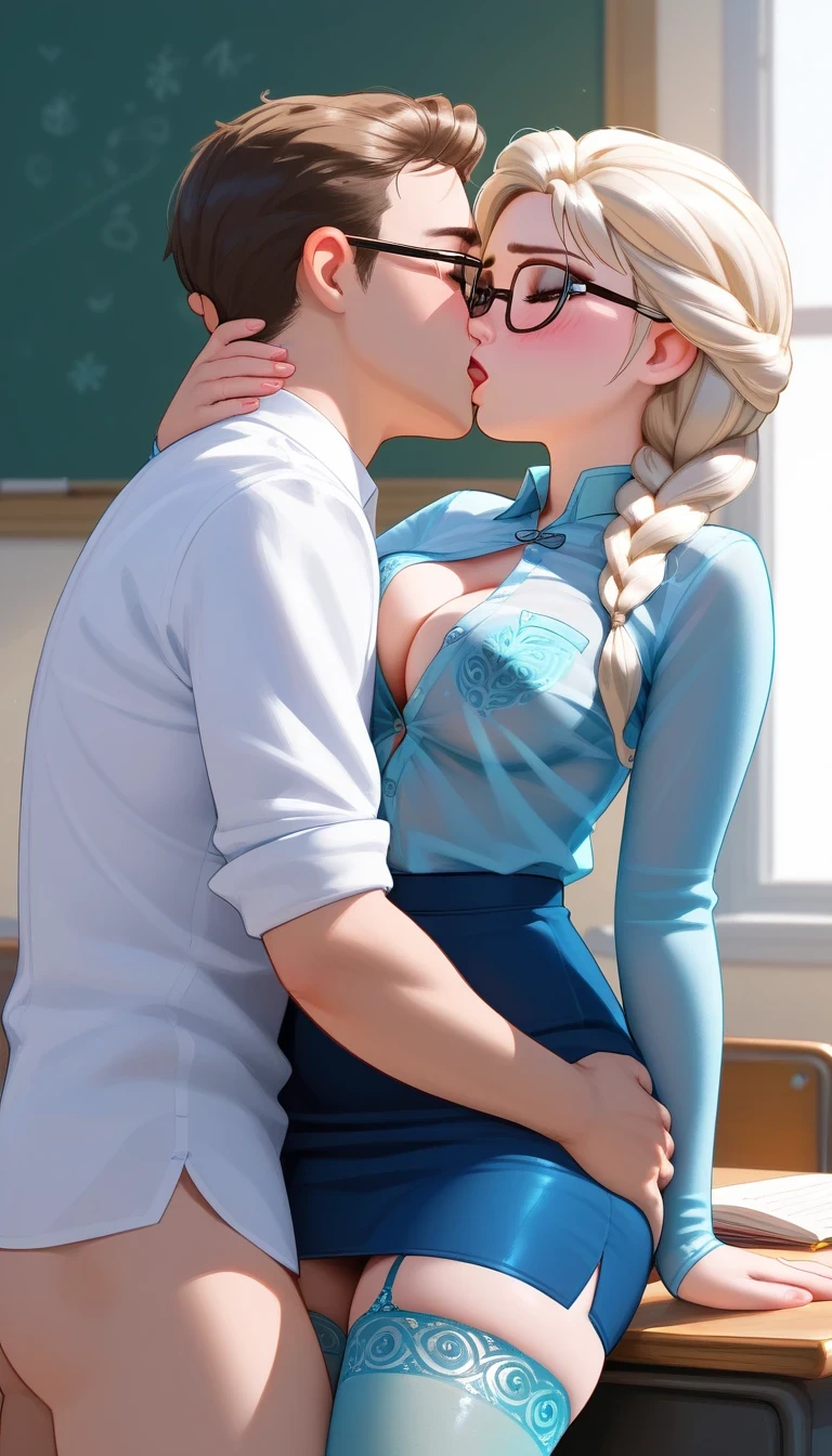 score_9, score_8_up, score_7_up, score_6_up, score_5_up, score_4_up, (Elsa frozen, long white braid, blue tight stockings, transparent stockings, teacher uniform, skirt, unbutton shirt, glasses), shy, blushed, cleavage, big breast, Elsa sitting on a desk, boy is standing, (((young man kissing her, grab her thighs))), indoor, classroom, dynamic angle, royalty, Elsa wraps her hips around boy,