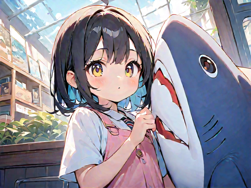 Light color,(( amazing irrational)),超 high res, attention to detail, High Quality , high res, 最 High Quality , 4K, 8k, Embrace a stuffed shark、 cute、 black hair、 shortcuts、Aquarium Background、Twin girls、6 years old2people、A girl with blue and yellow eyes 、 holding hands、The height of ren who are the same age 、 does not change、uniform-style
