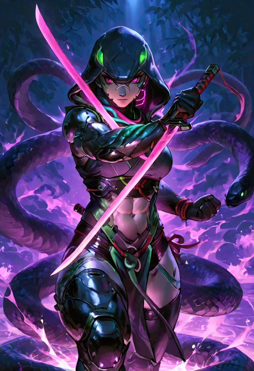 Anthropomorphic snake, Female cyborg snake ninja, cobra hood, wearing ninja clothes, sexy, well-toned abs, fighting with a sword, fighting