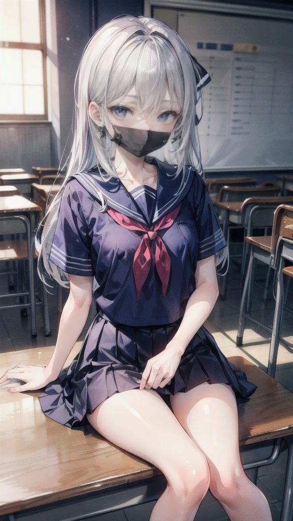 a pregirl,silber hair,Blue eyes,Sit in a classroom,in school uniform , bound, shibari, bdsm, rope, bound_arms, gagged, boll_gag,