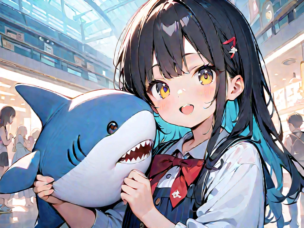 Light color,(( amazing irrational)),超 high res, attention to detail, High Quality , high res, 最 High Quality , 4K, 8k, Embrace a stuffed shark、 cute、 black hair、 shortcuts、Aquarium Background、Twin girls、8 years old2people、A girl with blue and yellow eyes 、 holding hands、The height of ren who are the same age 、 does not change、Kami is black