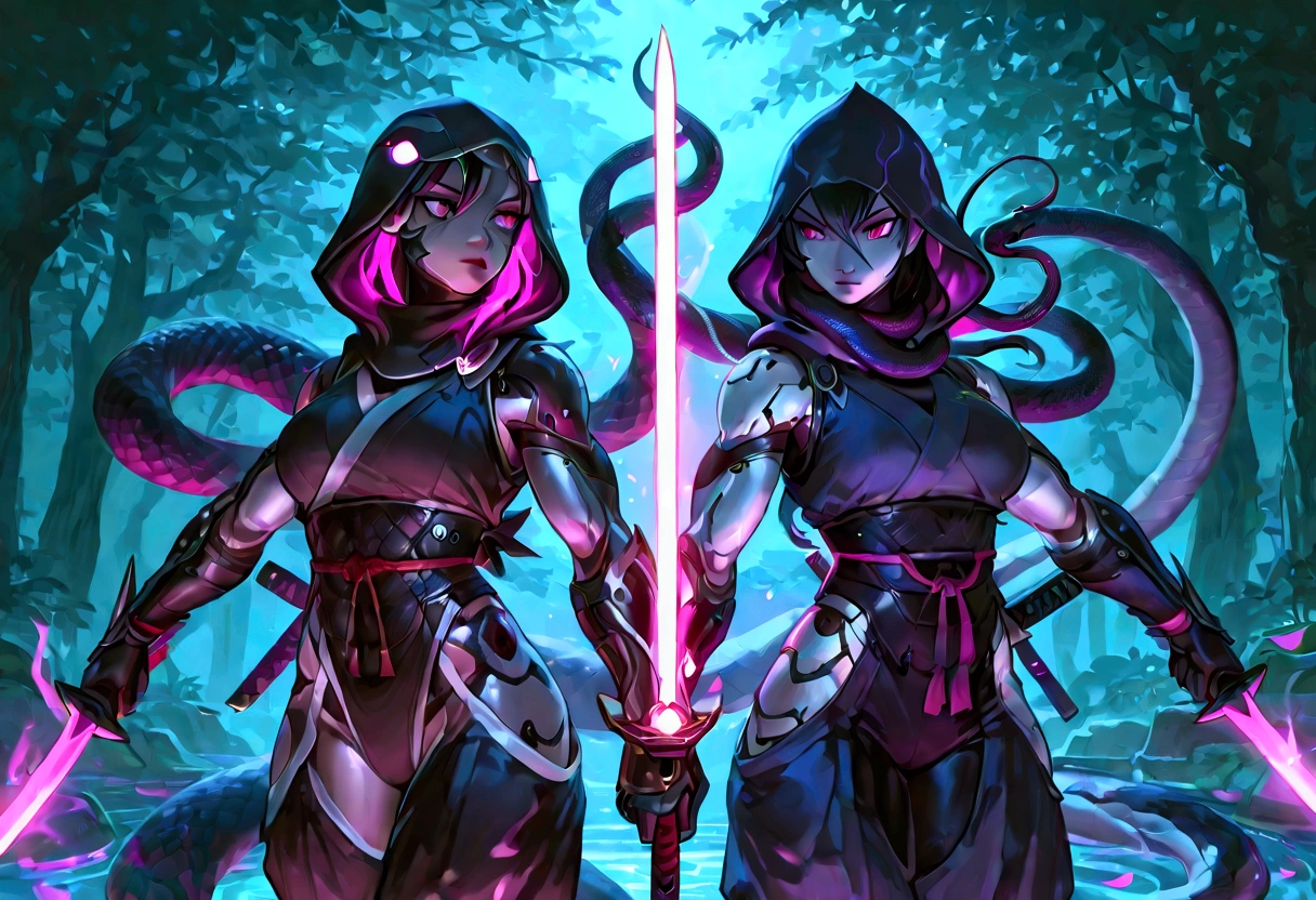 Anthropomorphic snake, Female cyborg snake ninja, cobra hood, wearing ninja clothes, sexy, well-toned abs, fighting with a sword, fighting