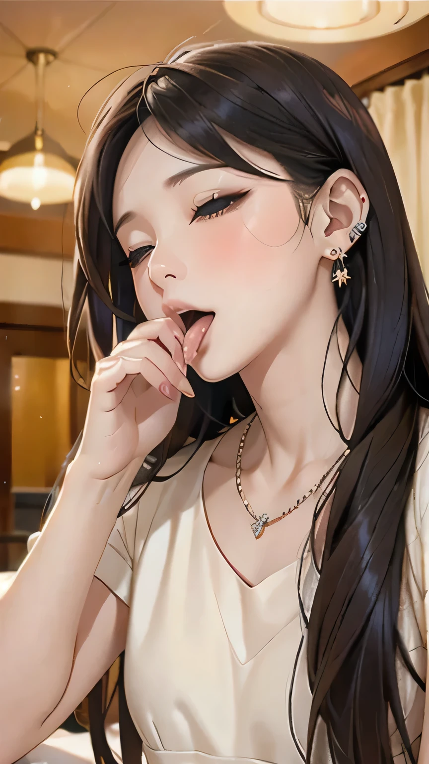  fellatio pose、blush、 Half Open Eyes 、Half-open mouth、Long hair gets messy、night hotel background 、Hand in front of mouth、Raise your chin and look at the ceiling、Small earrings、 thin due to small things necklace、Super fair skin、(masterpiece,  top quality :1.2)