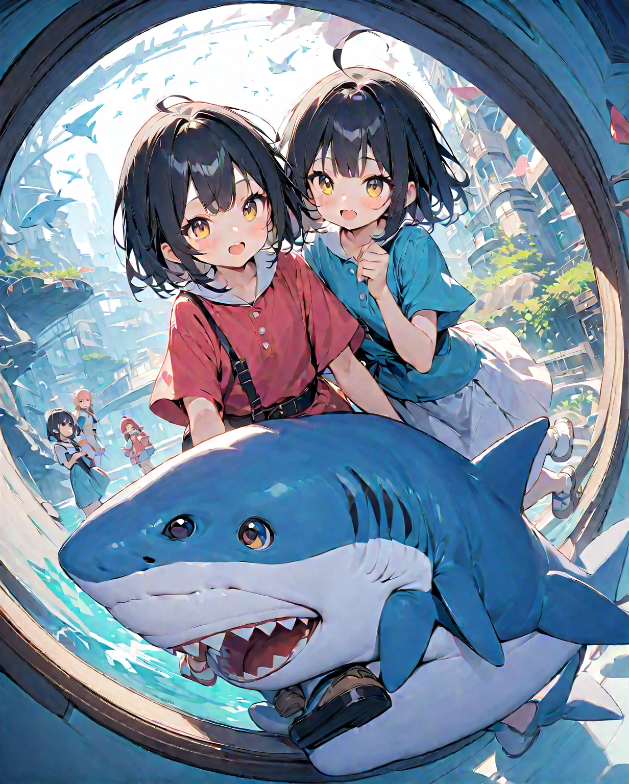 Light color,(( amazing irrational)),超 high res,  attention to detail,  High Quality ,  high res, 最 High Quality , 4K, 8k, Embrace a stuffed shark、 cute、 black hair、 shortcuts、Aquarium Background、Twin girls、８ years old２people、A girl with blue and yellow eyes 、 holding hands、The height of ren who are the same age 、 does not change、Kami is black