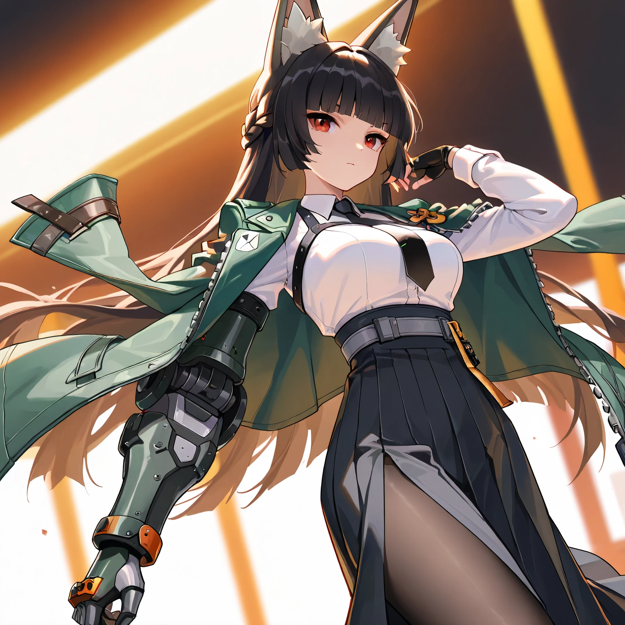 Zenless Zone Zero、hoshimi miyabi、hoshimi, red eyes, black hair, very long hair, blunt bangs, braid, fox ears, green cape, jacket on shoulders, fingerless gloves, left mechanical arm, gauntlets, white shirt, long sleeves, black necktie, black skirt, high-waist skirt, pantyhose, long skirt, pleated skirt, side slit, (best quality,4K,8k, highres icon,masterpiece:1.2),ultra-detailed,intricate details, high fashion, dramatic lighting, warm colors, Chiaroscuro