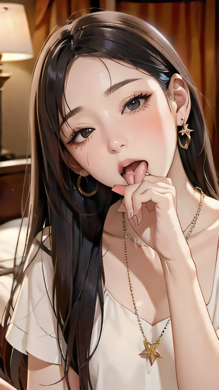  fellatio pose、blush、 Half Open Eyes 、Half-open mouth、Long hair gets messy、night hotel background 、Hand in front of mouth、Holding Hands、Raise your chin and look at the ceiling、Small earrings、 thin due to small things necklace、Super fair skin、(masterpiece,  top quality :1.2)