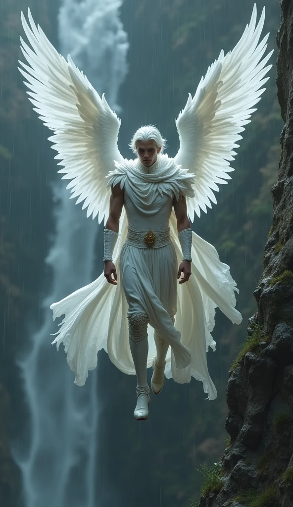 A male angel,wear pearl white long cloak, covering his head, flying above the cloud. He has very massive wingspan. Storm and rainy background.