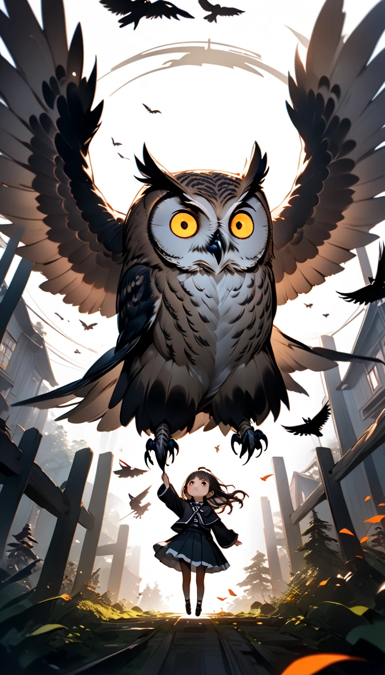 A girl、Clinging to a giant owl rapidly descending from above , Hzk,    Ultra Miniature Girl   , 