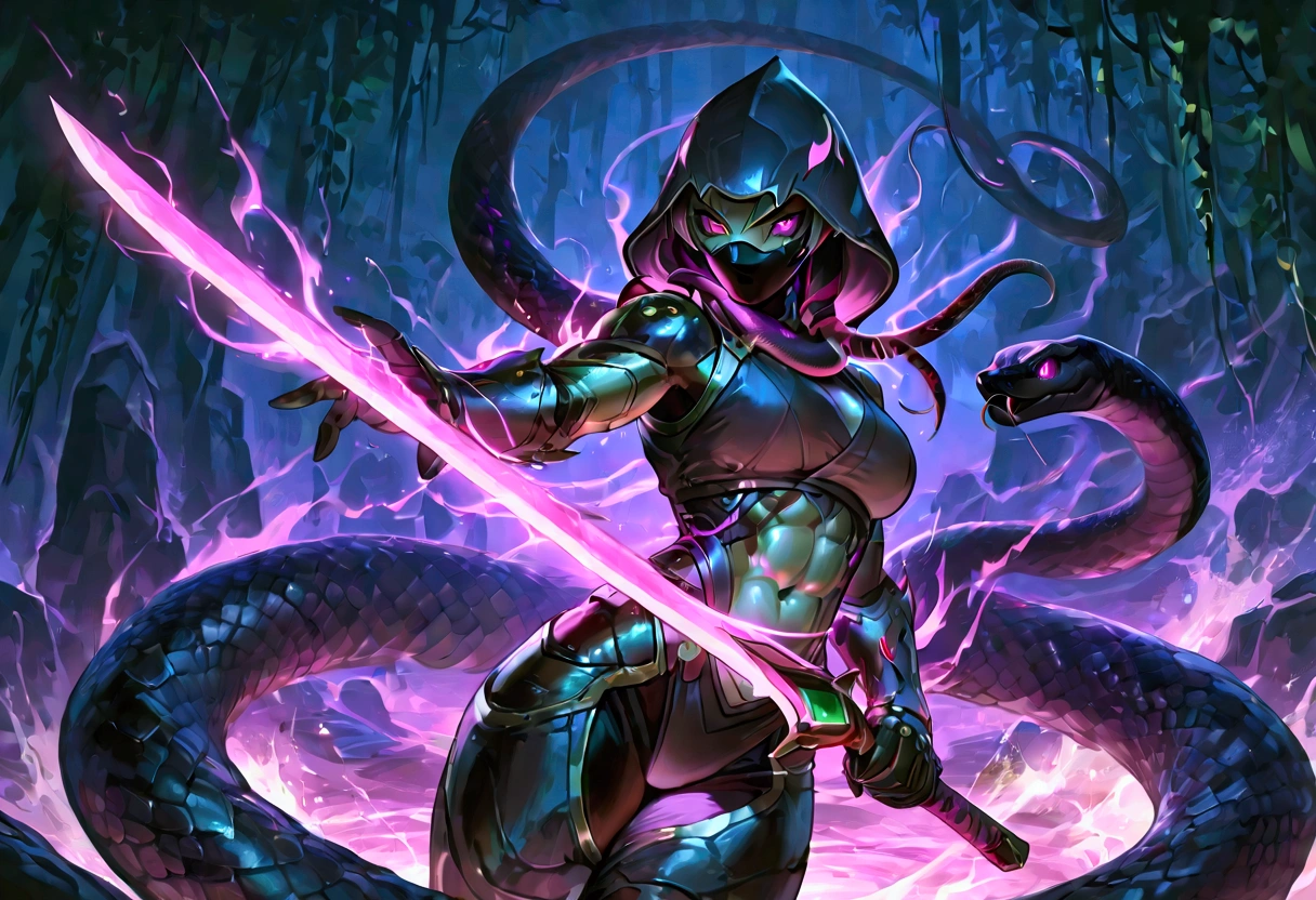 Anthropomorphic snake woman, cyborg snake ninja, cobra hood, wearing ninja clothes, sexy, well-toned abs, fighting with a sword