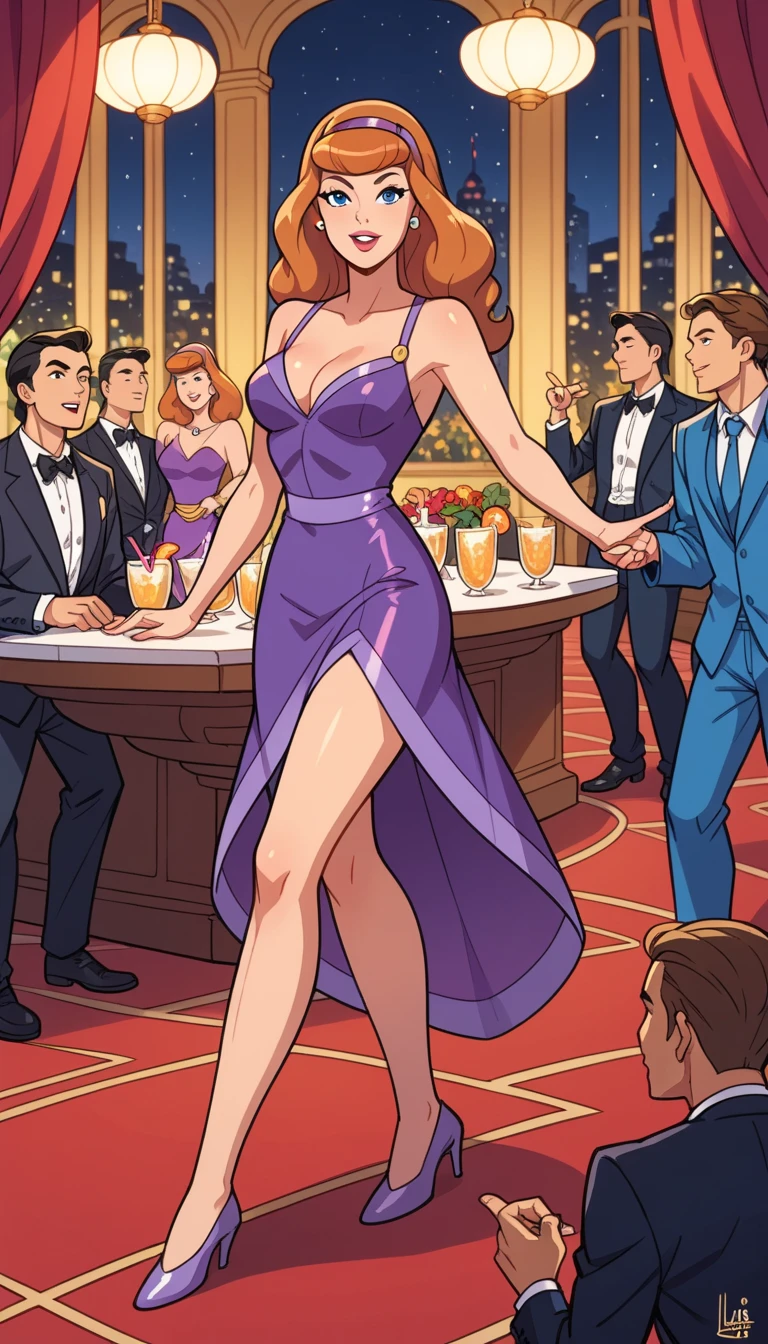 Daphne Blake, Blue Eyes, (:1.1), big boobs , vestido curto de party elegant, exposed legs , thick legs , up to the knee, shiny, oily skin , Lee's half-closed eyes , lean your body forward , flirt,party, elegant,luxury, dynamic pose style ,