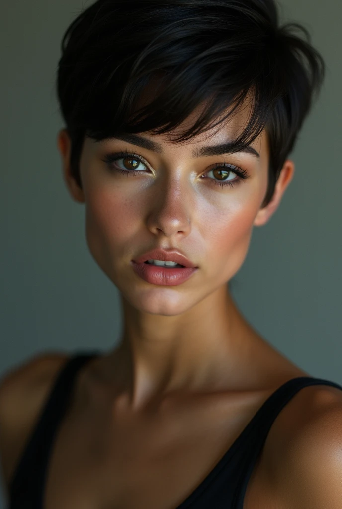 Brown hair, square cut, blue eyes
She is completely visible 