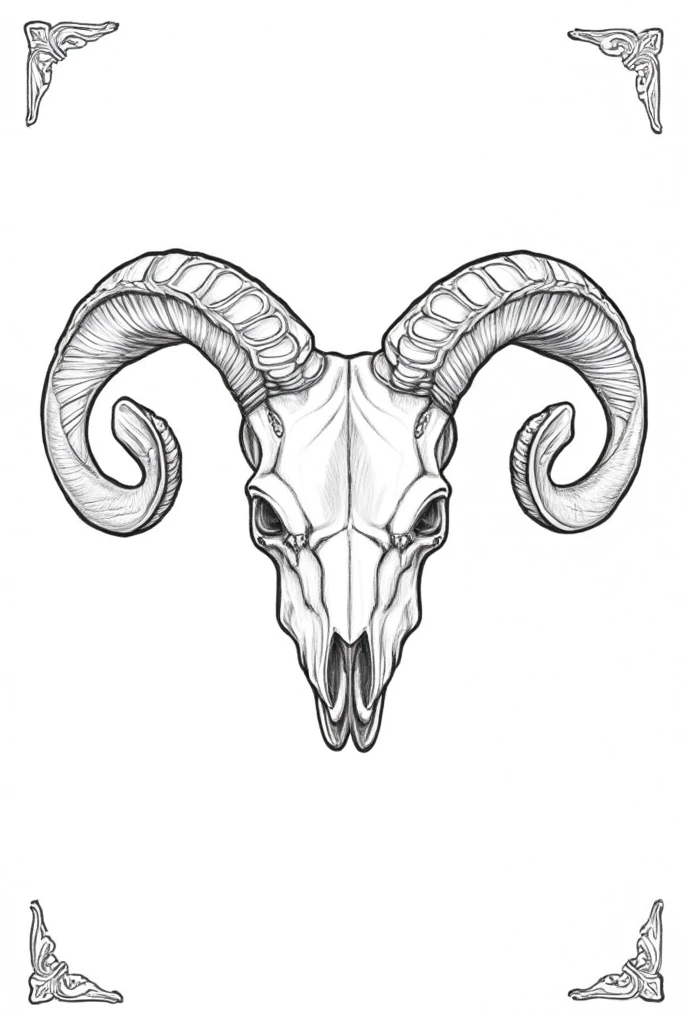 Decorative, (ram skull: 1.6) Detailed drawing, white background, drawn with black lines, (curly corners: 1.2)