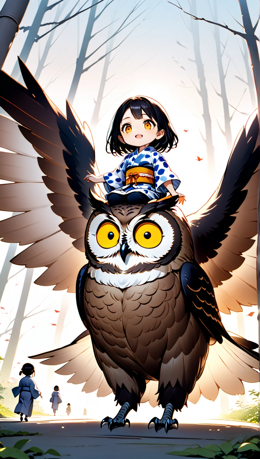  A girl is riding a giant owl , Japanese style yukata ，Hzk,    Ultra Miniature Girl   , 