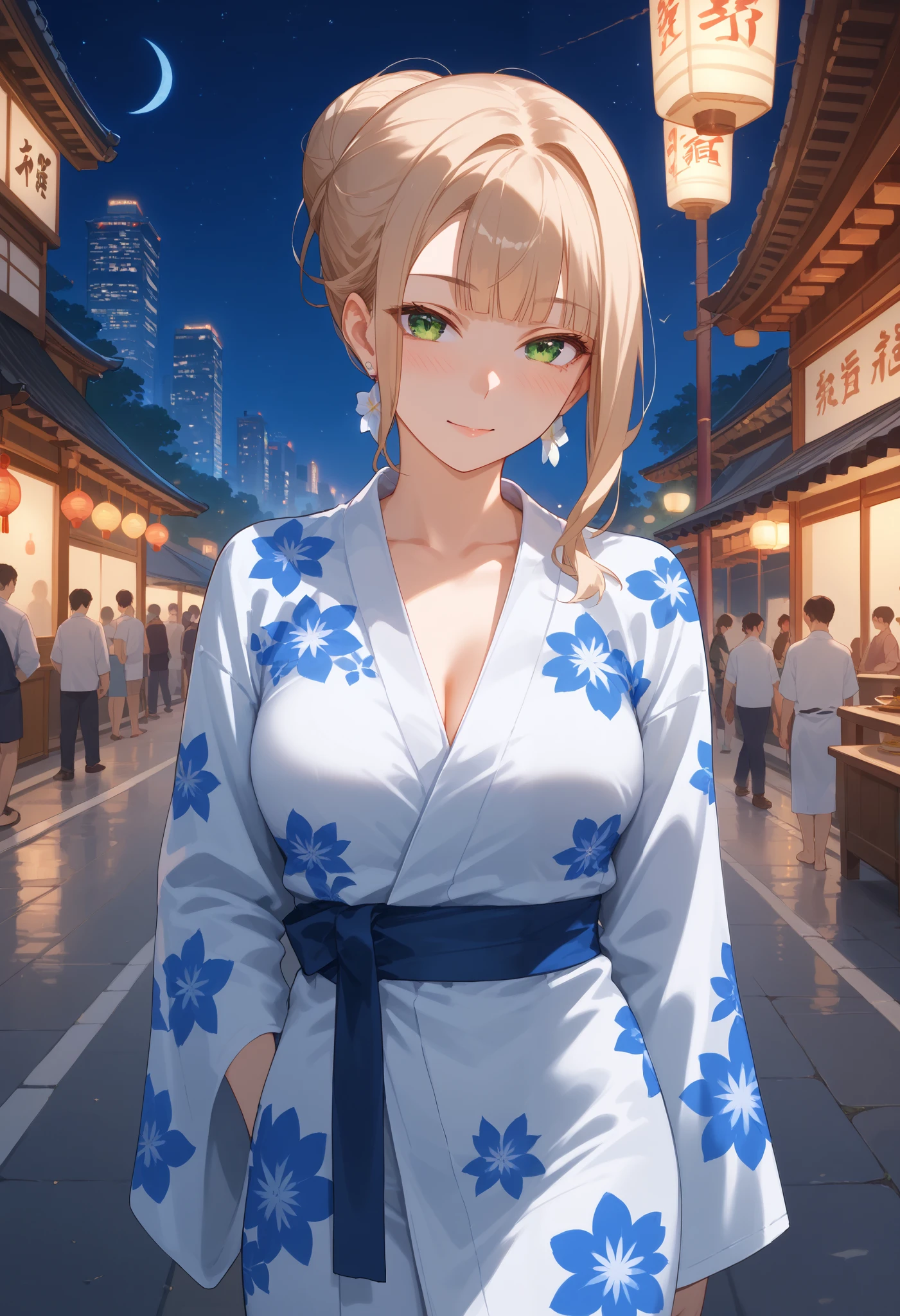 (score_9, score_8_up, score_7_up, score_6_up), anime, high res image, (masterpiece, detailed:1.2), (1girl:1.5), (beige hair, long hair, blunt bangs, hair bun), (earrings), (dynamic poses), looking at viewer, (blushing red, relaxed), (green eyes, detail eyes), Beautiful eyes, (medium perky breasts:1.2), (slim body), (beautiful detailed face, beautiful detailed eyes), ((fluffy flower pattern yukata)), summer festival in background, cityscape scenery, street, (night light), night time, ((cowboy shot:1.3)), seductive