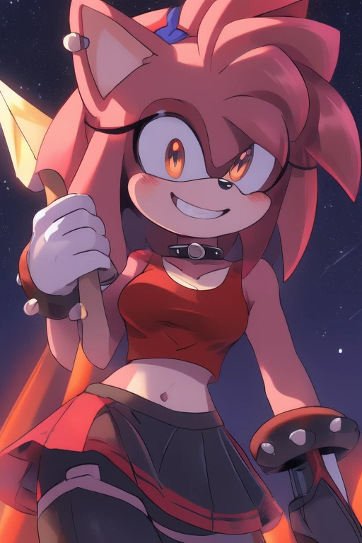 ((masterpiece)) ((UHD)) 4K, High detailed, ((detailed shadowing)) Female anthropomorphic hedgehog, Amy Rose, mobian, bright pink fur, furry, Anime style art, Studio Quality, Atractive, gorgeous body, close up portrait, Best Quality, High resolution, breasts, midriff, multicolored hair pink messy, frizzy, short Punk Hair with red highlights, red hair bow, long bangs, orange eyes, black eyeshadow, red blue crop top with blue bows, red trim, black bracelets, long white gloves, black choker, earrings, red and black striped skirt, long black & red punk boots,red striped stockings, evil smile, wide- eyed, crazy, bonkers, unhinged, Looking down at viewer, holding an ax, ((nighttime)) ((starry sky)) ((ambient lighting)) (cinematic lighting)) creepy carnival background