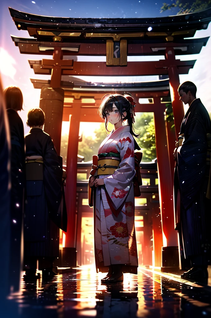 ((masterpiece:1.2)), (( top quality :1.2)), The sun rises above the horizon, (A woman stands in the morning light in front of the torii gate of a shrine:1.5),  long hair that flutters in the wind , Turn around with a smile, Bathed in light, (whole body, from below:1.3), (kimono:1.5),  Dutch Angle,  backlit,  angle from below ,  transparent , (Watercolor), (Soft layer, Wide range of colors), (deep,  gentle color),  is full of hope ,  Her reflection blends into the nature around her, ( natural light:1.3),  sparkling glitter , Multiple Exposure,  emitting rainbow-colored light ,  Dynamic Composition 